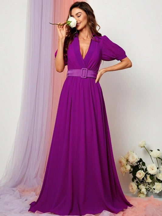 Additional product view of Deep V-Neck Puff-Sleeve Chiffon A-Line Maxi Evening Gown