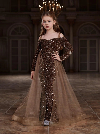 Additional product view of Mesh Overlay Off-Shoulder Sequin Mermaid Long-Sleeve Tween Girls' Party Dress