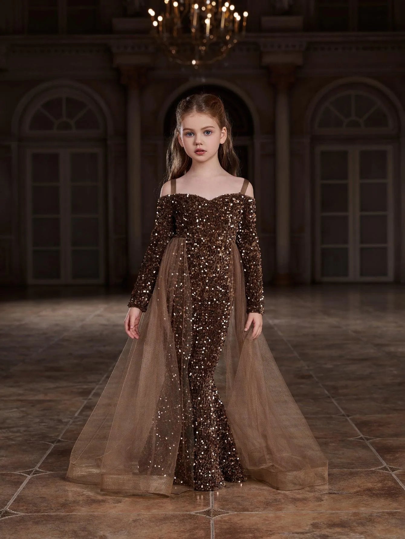 Additional product view of Mesh Overlay Off-Shoulder Sequin Mermaid Long-Sleeve Tween Girls' Party Dress