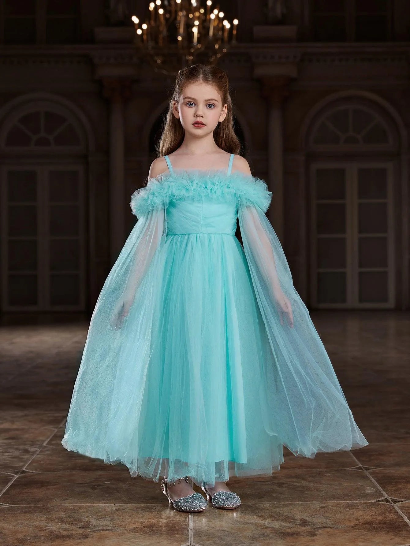 Ruffle Trim Off-Shoulder A-Line Long-Sleeve Mesh Tween Girls' Party Dress in Mint