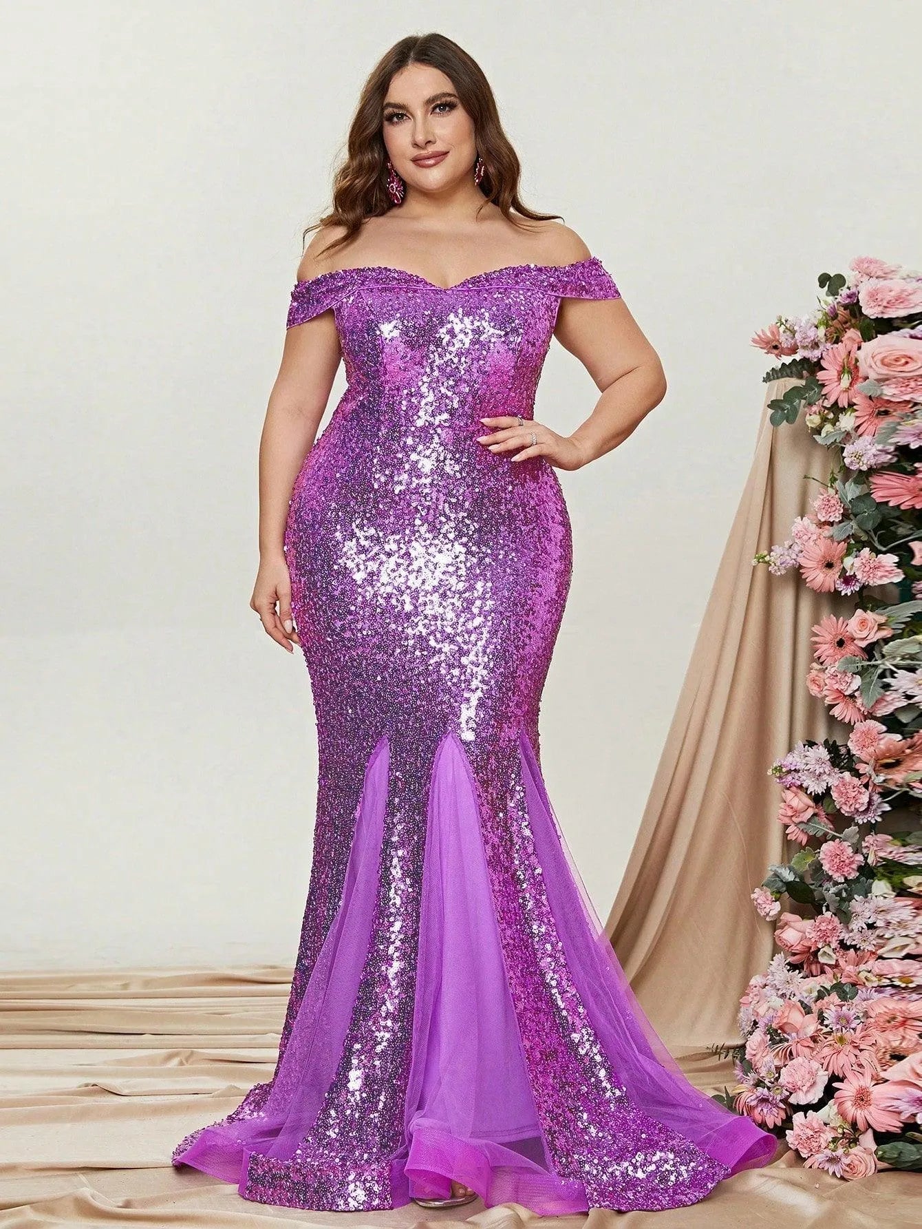 Plus-Size Off-Shoulder Sequin Tulle Sleeveless Mermaid Evening Gown — authorized product image 3