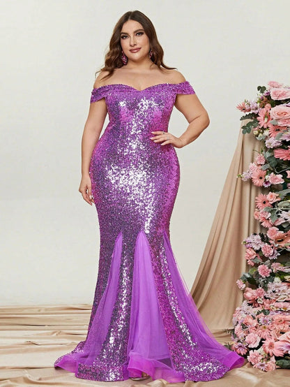Plus-Size Off-Shoulder Sequin Tulle Sleeveless Mermaid Evening Gown — authorized product image 3