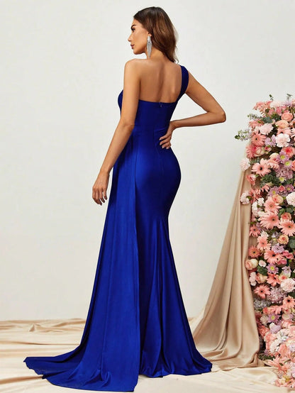 Additional product view of Draped Side High-Slit One-Shoulder Knit Mermaid Evening Gown