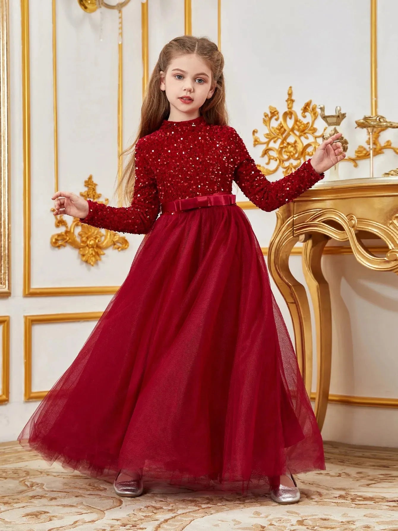 Bow Detail Mock-Neck Sequin A-Line Long-Sleeve Tween Girls' Party Dress in Red