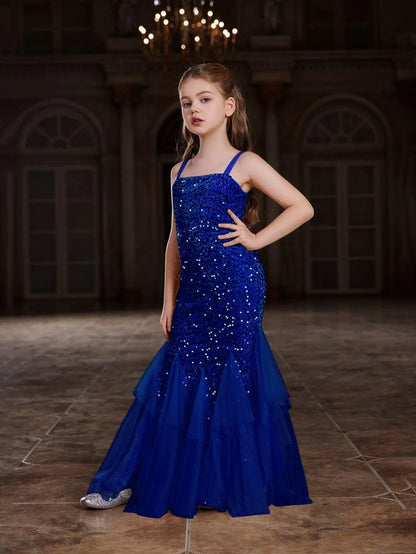 Additional product view of Mesh Overlay Sequin Mermaid Sleeveless Maxi Tween Girls' Party Dress