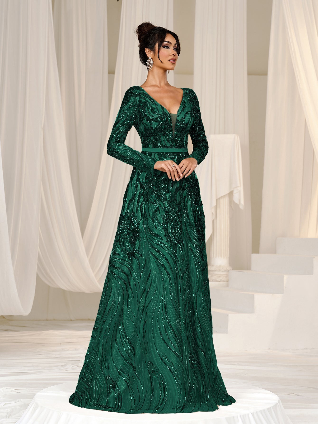 Elegant Plunging Neck Lace-up Back Graphic Sequin Formal Prom Dress