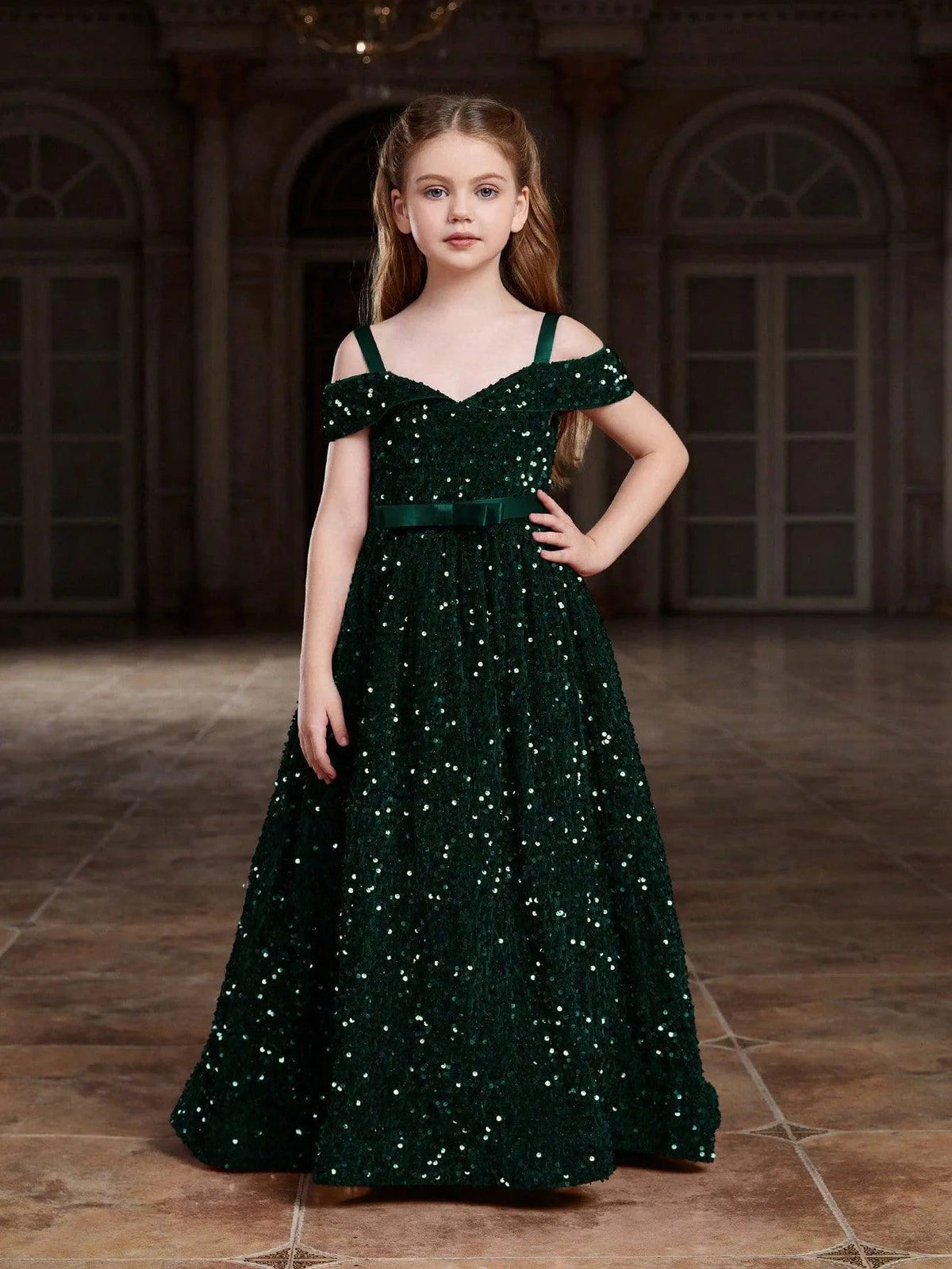Alternate view of High-Low Hem Off-Shoulder Sequin A-Line Short-Sleeve Tween Girls' Party Dress in Dark Green