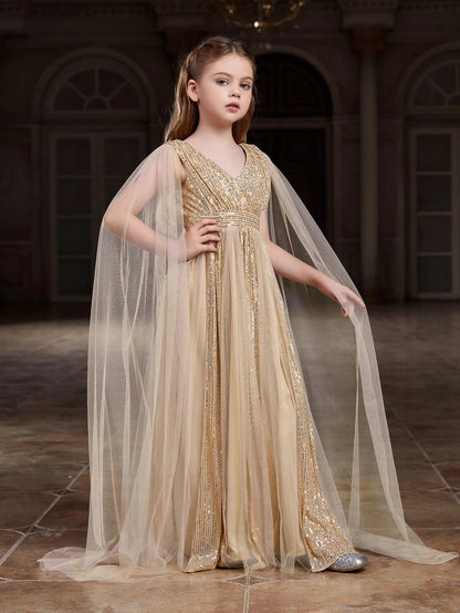 Additional product view of Contrast Mesh Cape-Sleeve V-Neck Sequin A-Line Tween Girls' Party Dress