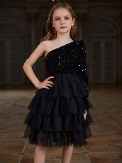 Additional product view of One-Shoulder Sequin A-Line Mesh Midi Tween Girls' Party Dress