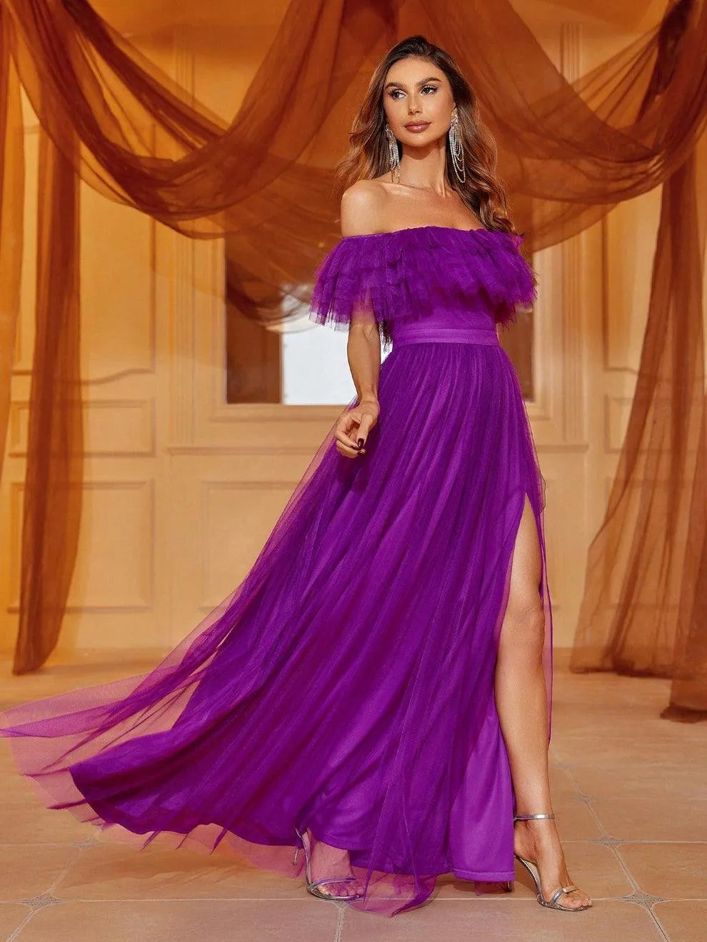 Additional product view of Ruffle Trim High-Slit Off-Shoulder Mesh A-Line Evening Gown