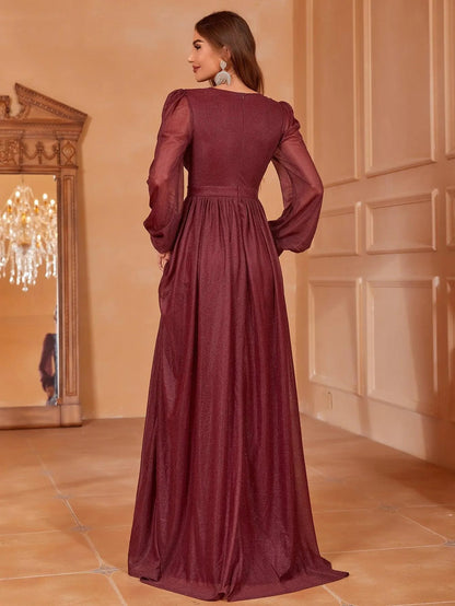 Additional product view of V-Neck Chiffon A-Line Long-Sleeve Maxi Evening Gown