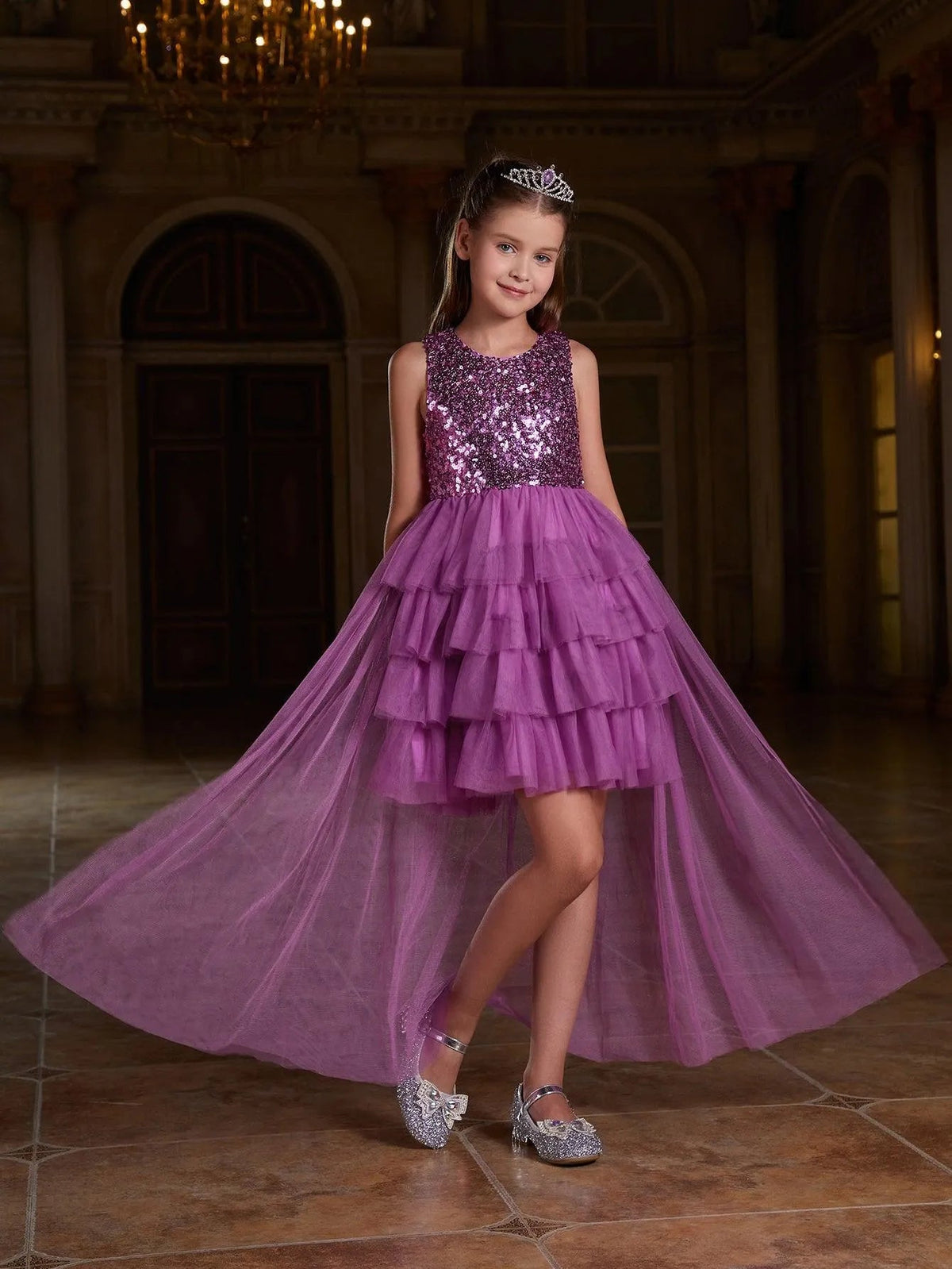 Alternate view of Layered Hem Sequin A-Line Sleeveless Mesh Round Neck Tween Girls' Party Dress in Purple