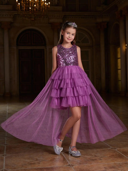 Alternate view of Layered Hem Sequin A-Line Sleeveless Mesh Round Neck Tween Girls' Party Dress in Purple