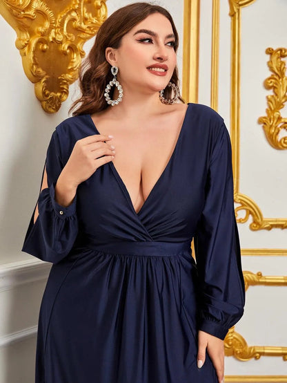 Additional product view of Plunging-Neck High-Slit Plus-Size V-Neck Knit Evening Gown