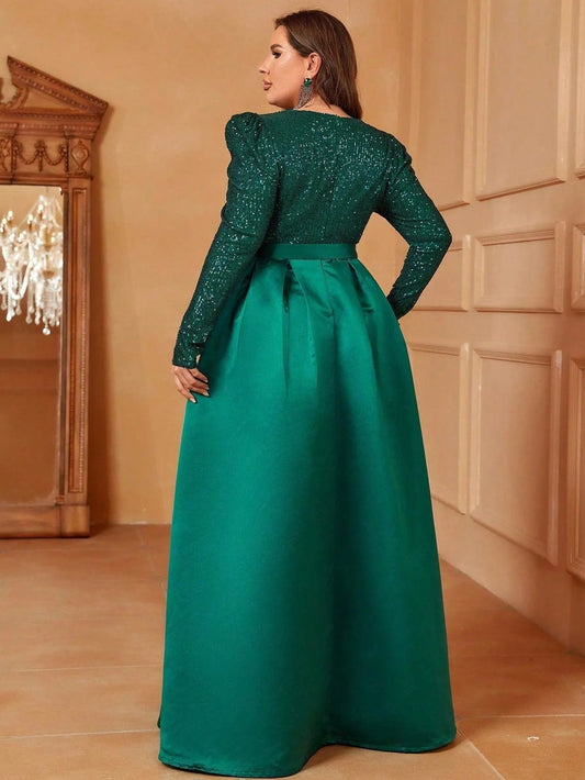 Plus-Size V-Neck Gigot Sleeve Slit A-Line Prom Dress — authorized product image 2