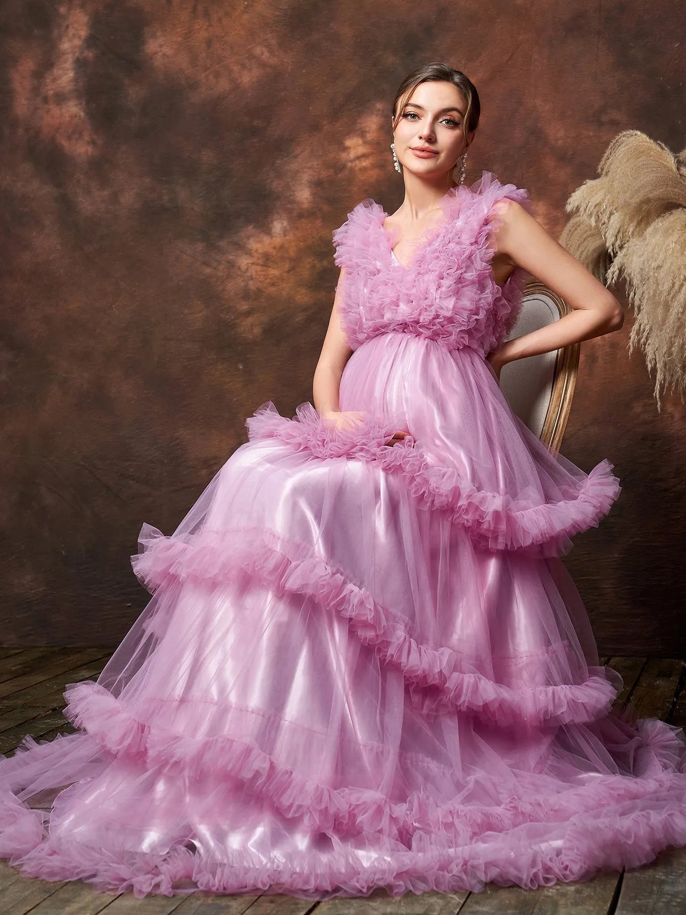 Layered Hem Ruffle Trim V-Neck Mesh A-Line Maternity Formal Dress in Pink
