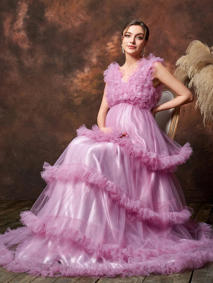 Layered Hem Ruffle Trim V-Neck Mesh A-Line Maternity Formal Dress in Pink