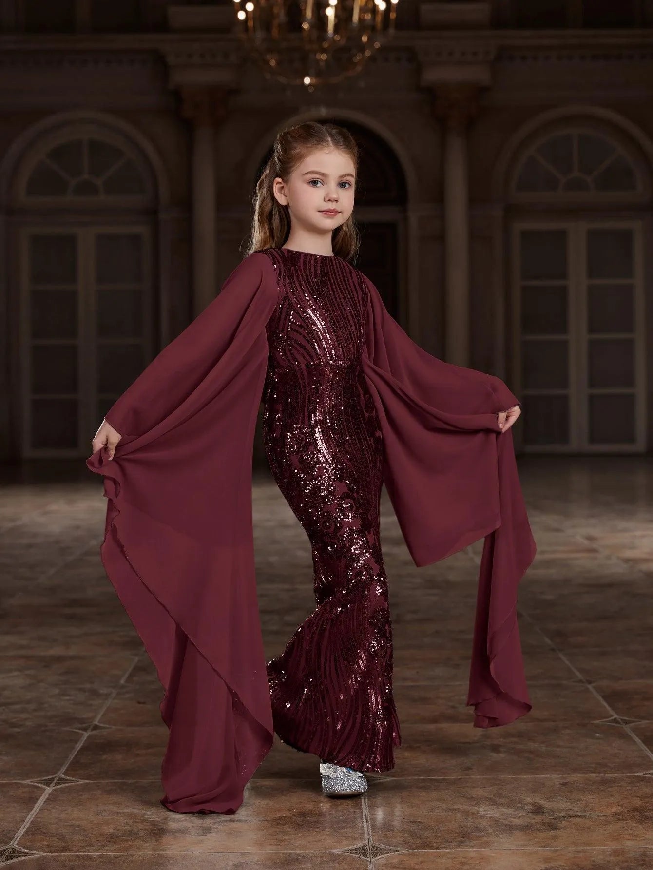 Tween Girls' Round Neck Sequin Long-Sleeve Mermaid Formal Gown — authorized product image 10