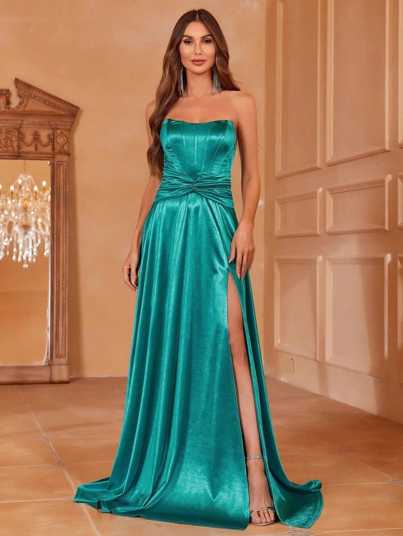 Twist Front High-Slit Strapless Satin A-Line Evening Gown in Green
