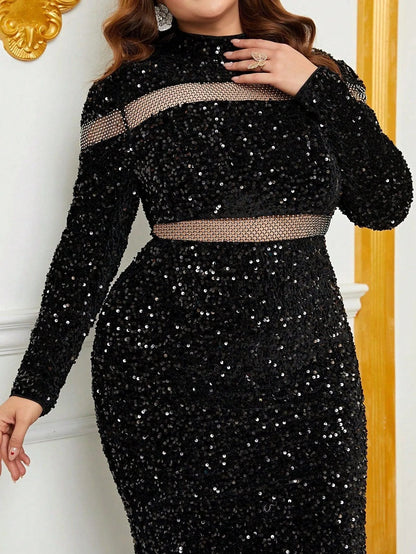 Plus-Size High Neck Sequin Cutout Long-Sleeve Mermaid Evening Gown — authorized product image 5