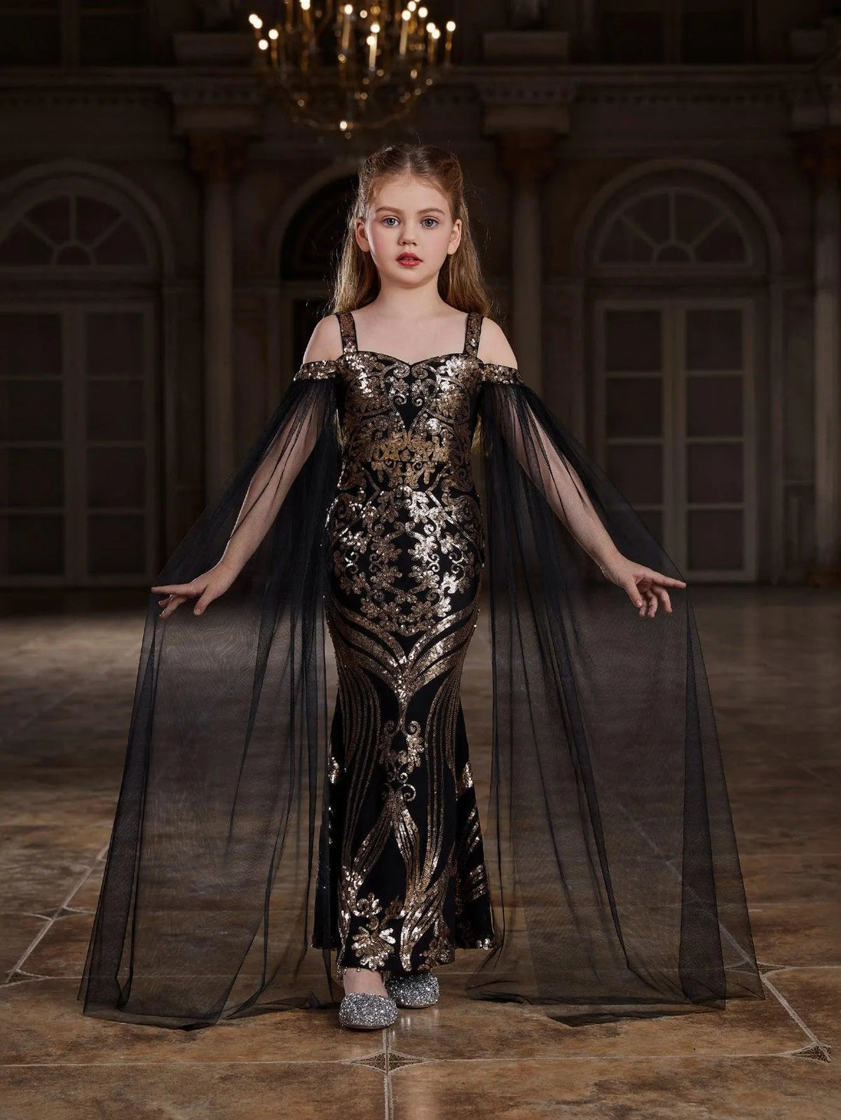 Cloak-Sleeve Off-Shoulder Sequin Mermaid Maxi Tween Girls' Party Dress in Black/Gold