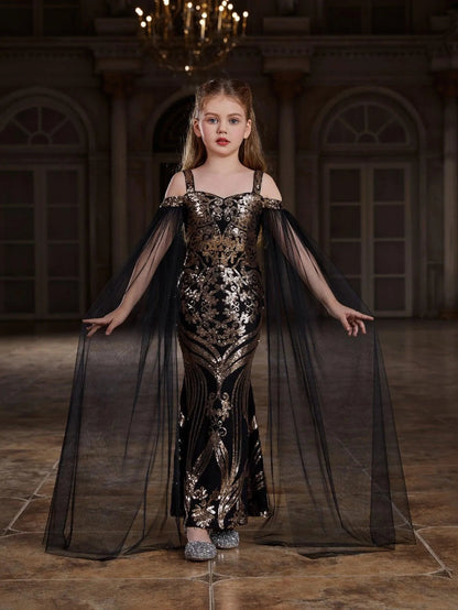 Cloak-Sleeve Off-Shoulder Sequin Mermaid Maxi Tween Girls' Party Dress in Black/Gold