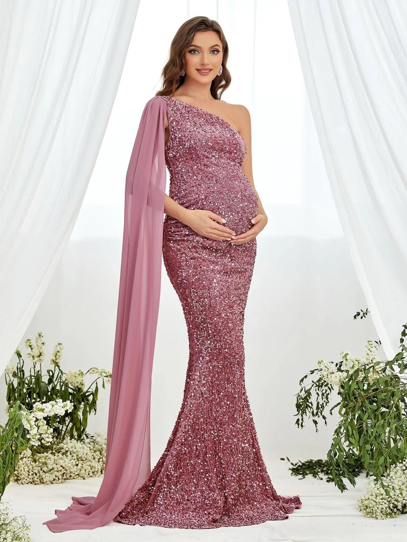 Maternity One-Shoulder Sequin Sleeveless Mermaid Evening Gown — authorized product image 3