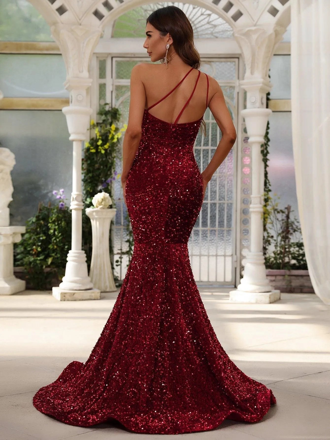 Additional product view of One-Shoulder Sequin Mermaid Sleeveless Maxi Evening Gown