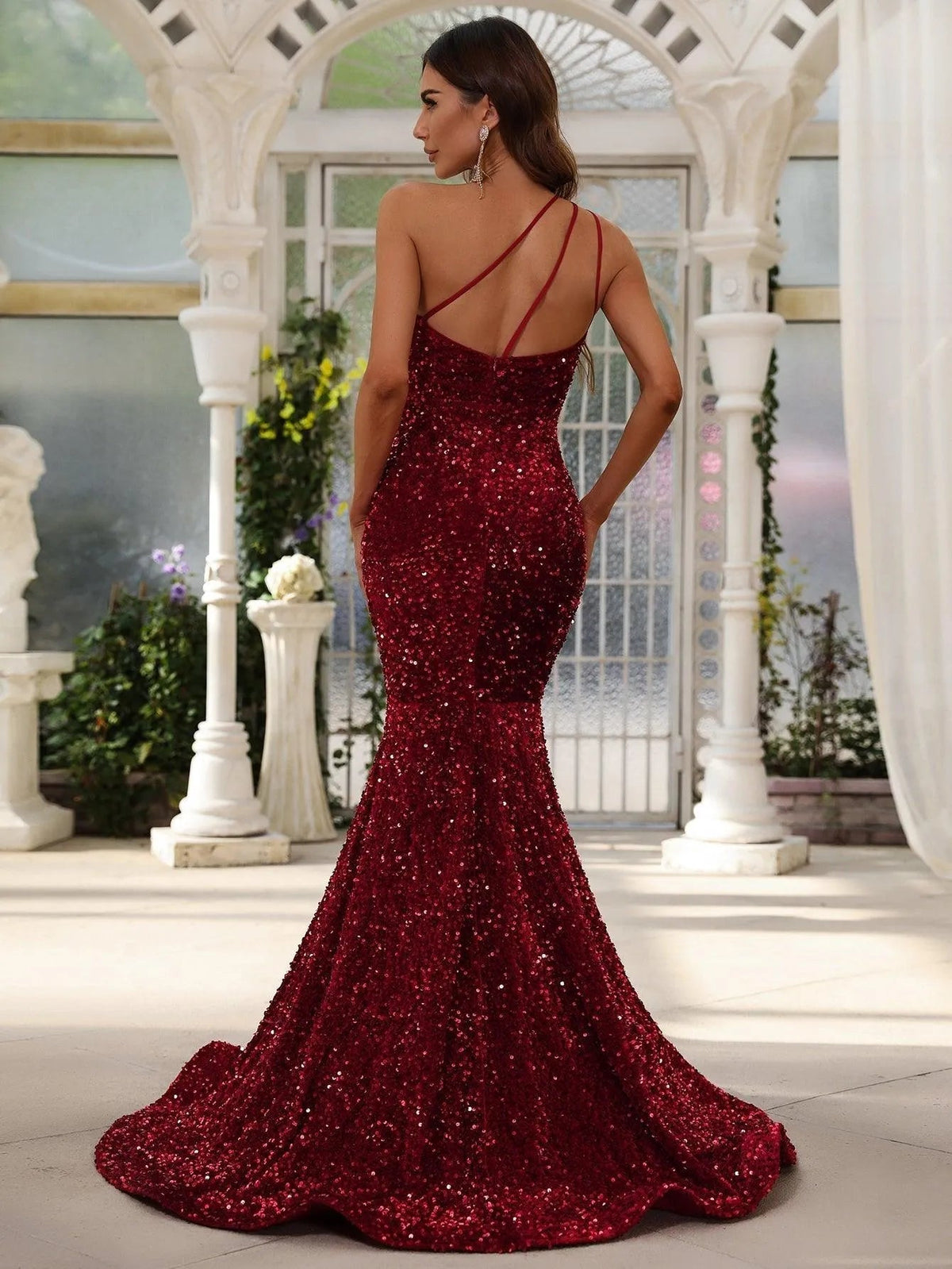 Additional product view of One-Shoulder Sequin Mermaid Sleeveless Maxi Evening Gown