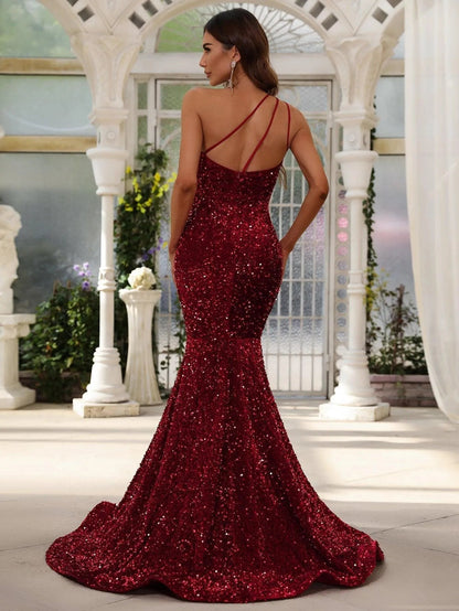 Additional product view of One-Shoulder Sequin Mermaid Sleeveless Maxi Evening Gown