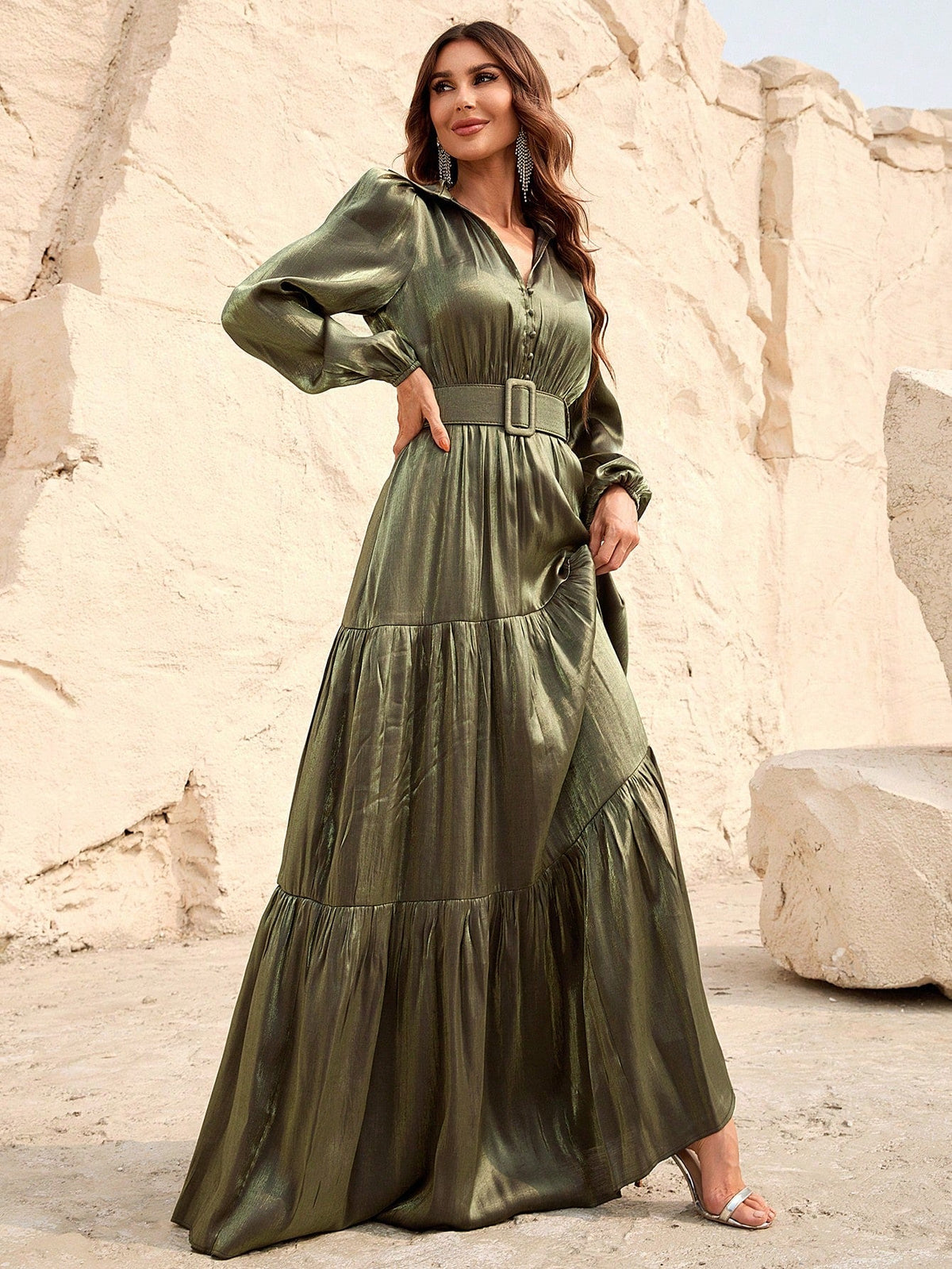 Additional product view of Belted Chiffon A-Line Long-Sleeve Maxi Evening Gown