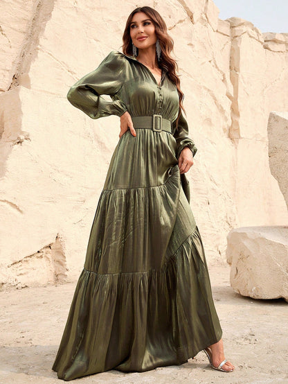 Additional product view of Belted Chiffon A-Line Long-Sleeve Maxi Evening Gown
