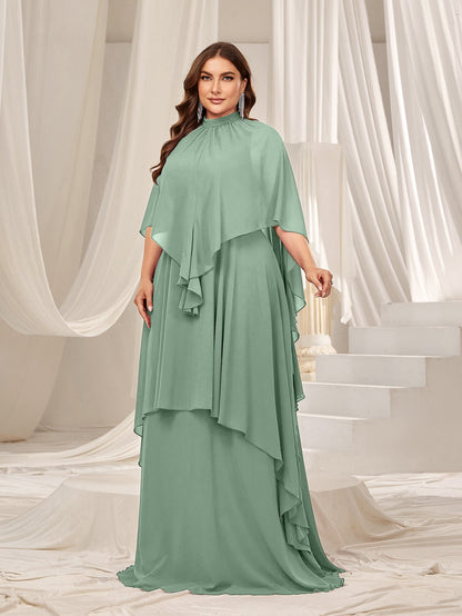 Plus Mock Neck Layered Hem Chiffon Evening Dress