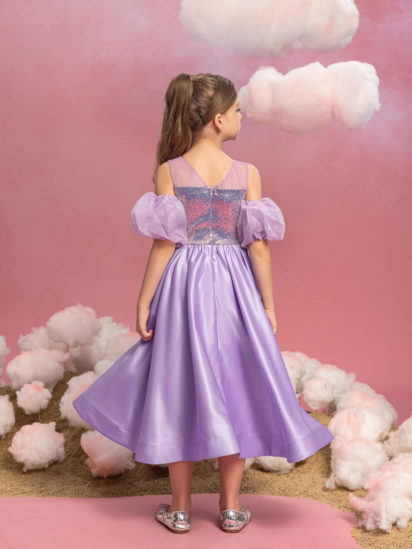Additional product view of Puff-Sleeve Sequin A-Line Satin Midi Tween Girls' Party Dress
