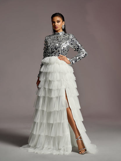 Alternate view of Layered Hem Sequin Bodice Tulle Mock-Neck Long-Sleeve Wedding Dress in White