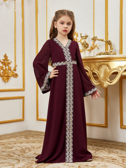 Tween Girls' Lace Trim Decoration V-neck Flare Sleeve Chiffon Party Dress — authorized product image 4