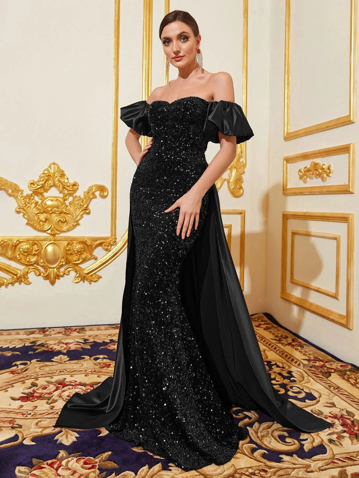 Off Shoulder Puff Sleeves Satin Sequin Mermaid Dress