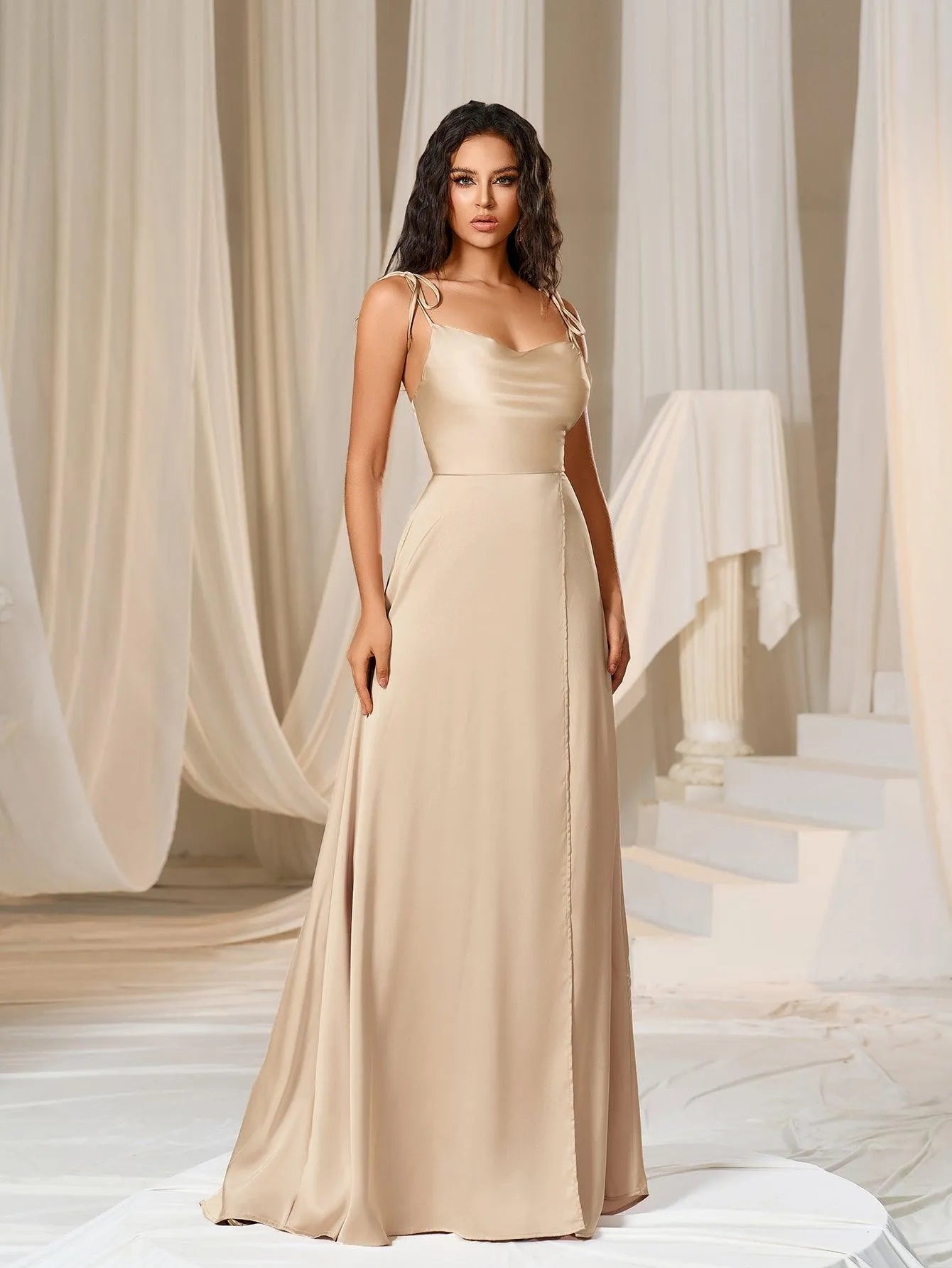 Elegant Tie Shoulder Satin Bridesmaid Dress – view 5