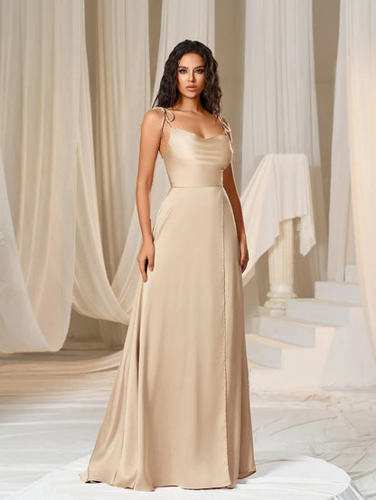 Elegant Tie Shoulder Satin Bridesmaid Dress – view 5