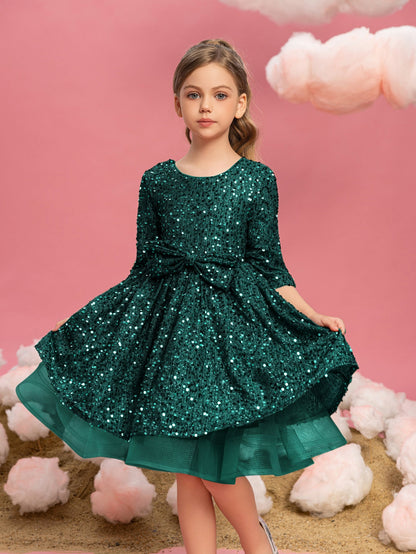 Additional product view of Three-Quarter-Sleeve Bow Detail Sequin A-Line Midi Tween Girls' Party Dress