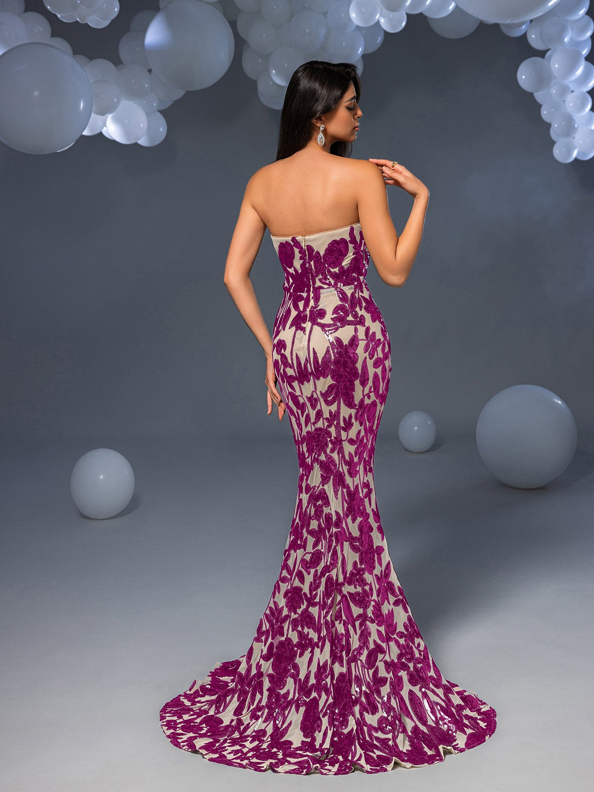 Elegant Strapless Mermaid Hem Floral Sequin Formal Evening Dress
