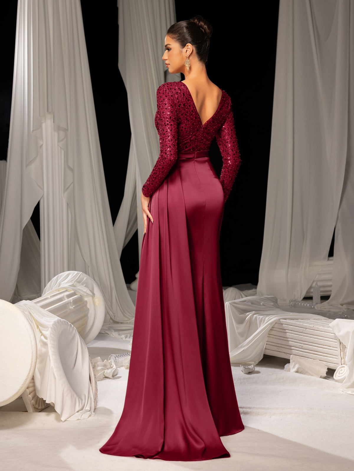 Elegant Satin Evening Gown with High Side Slit & Beaded Sequin Sleeves – Luxurious for Art Gallery Openings or Luxury Charity Galas, XS-XL