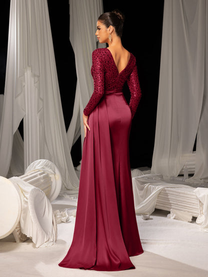 Elegant Satin Evening Gown with High Side Slit & Beaded Sequin Sleeves – Luxurious for Art Gallery Openings or Luxury Charity Galas, XS-XL