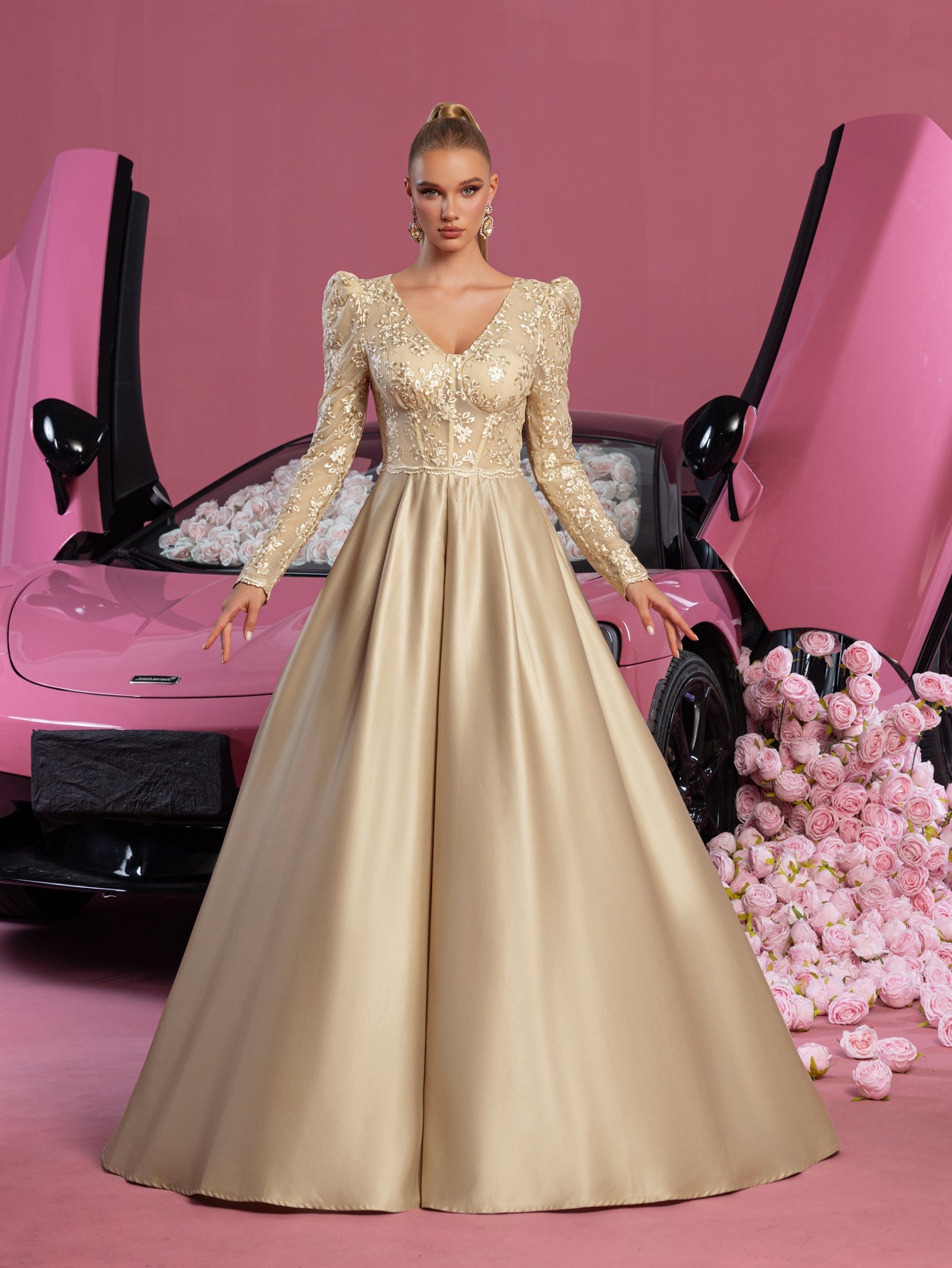 Elegant V Neck Lace Bodice Satin A-line Prom Dress