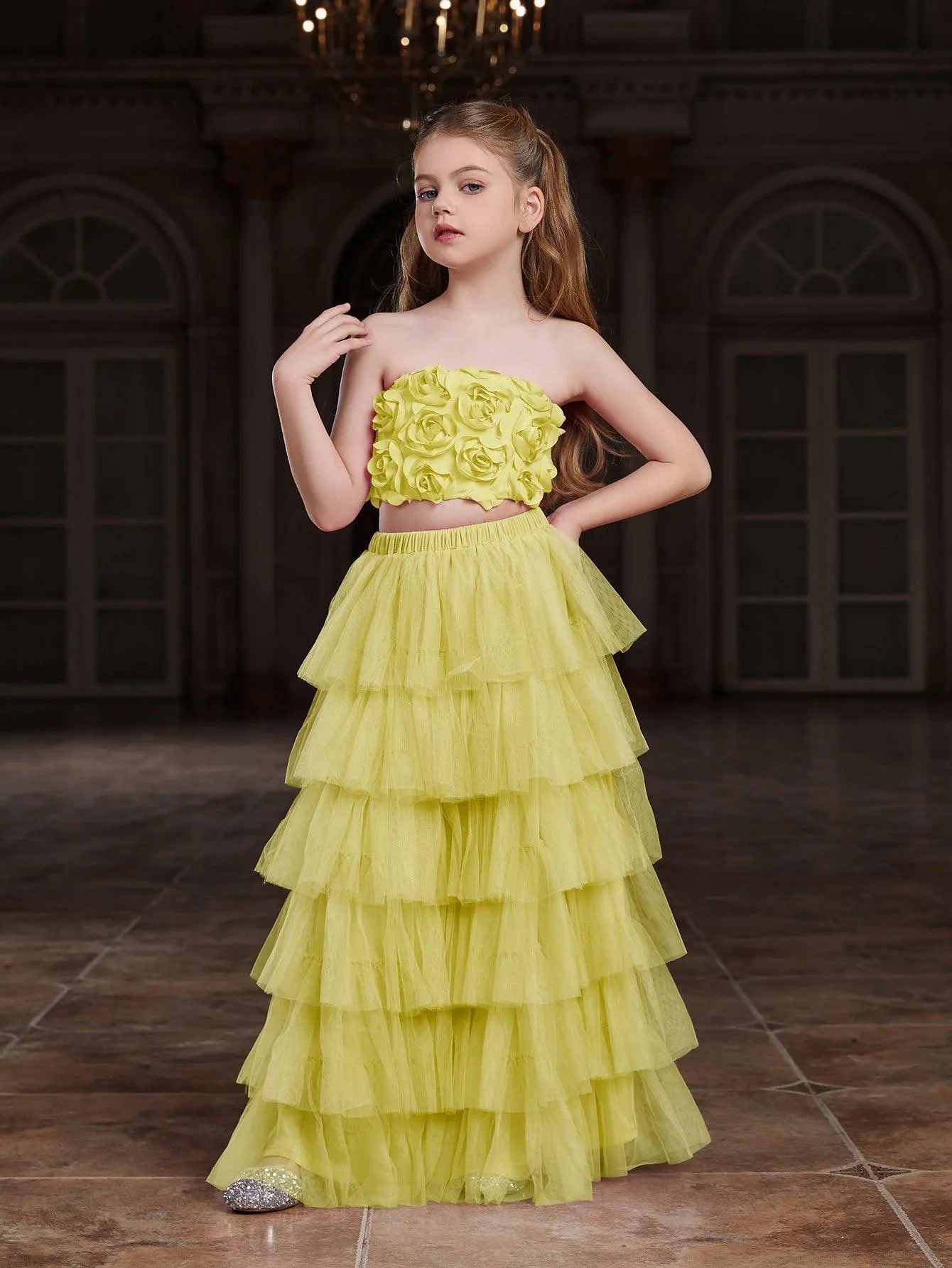 Additional product view of Strapless Mesh 3D-Flower A-Line Sleeveless Girls' Two-Piece Formal Set