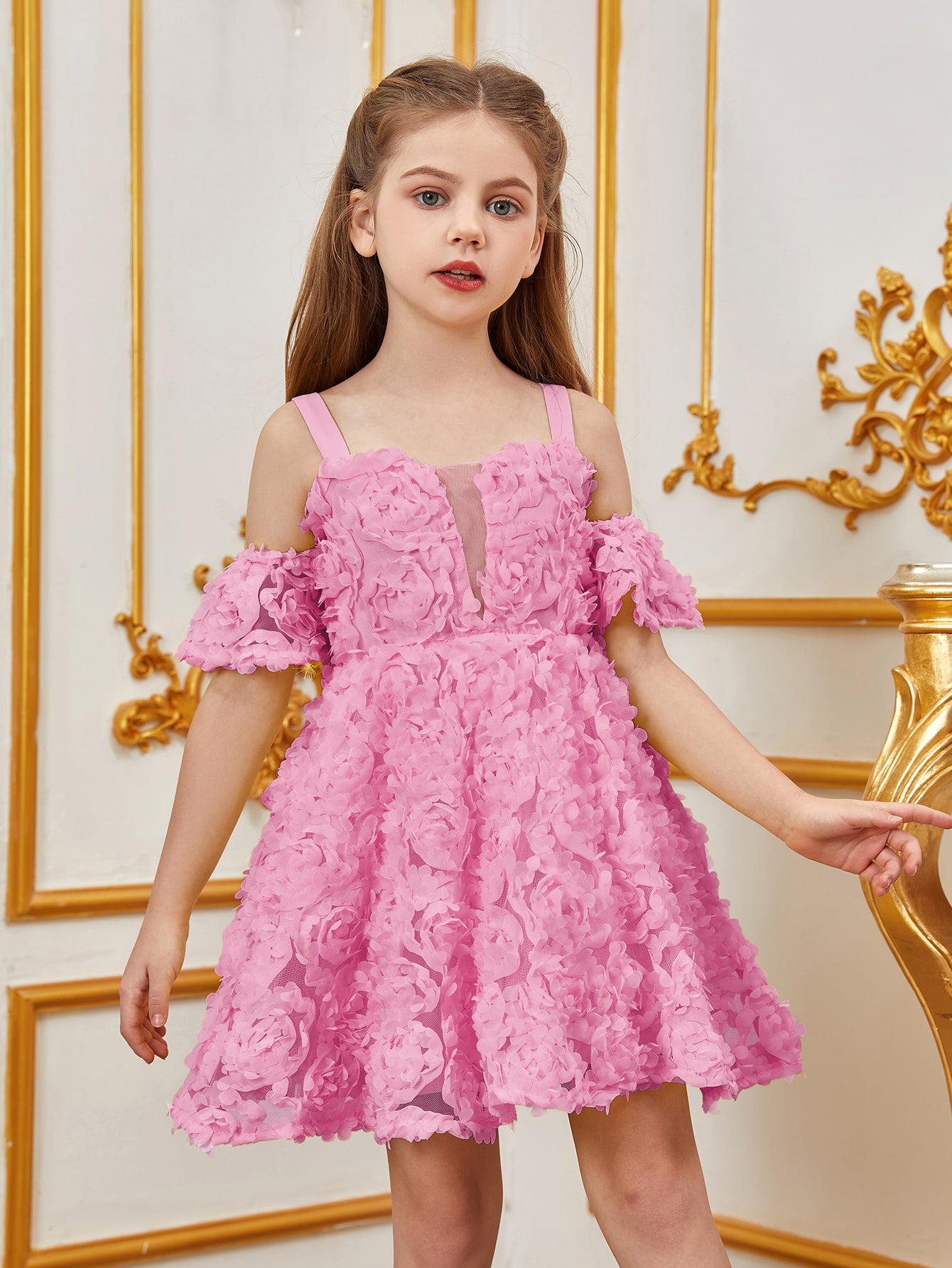 Additional product view of Floral Appliqué Cami Strap Off-Shoulder A-Line Short-Sleeve Tween Girls' Party Dress