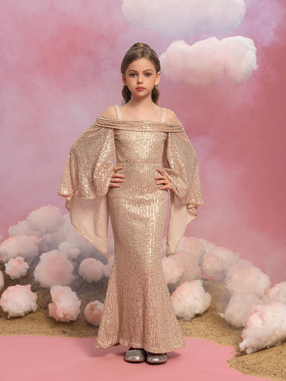 Additional product view of Cold-Shoulder Flare-Sleeve Off-Shoulder Sequin Mermaid Tween Girls' Party Dress