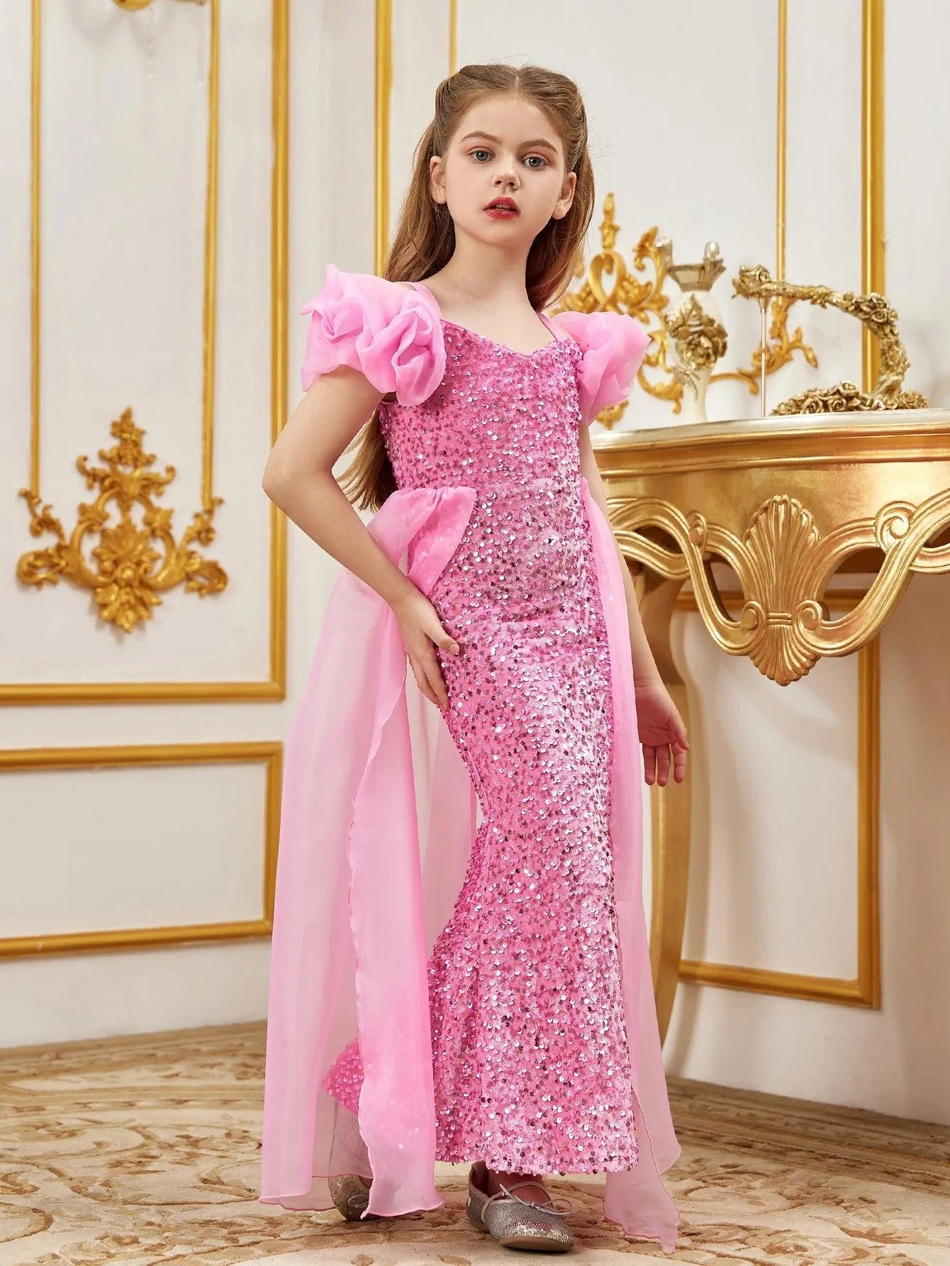 Additional product view of Mesh Overlay Sweetheart-Neck Sequin Mermaid Short-Sleeve Tween Girls' Party Dress