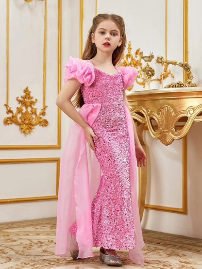 Additional product view of Mesh Overlay Sweetheart-Neck Sequin Mermaid Short-Sleeve Tween Girls' Party Dress