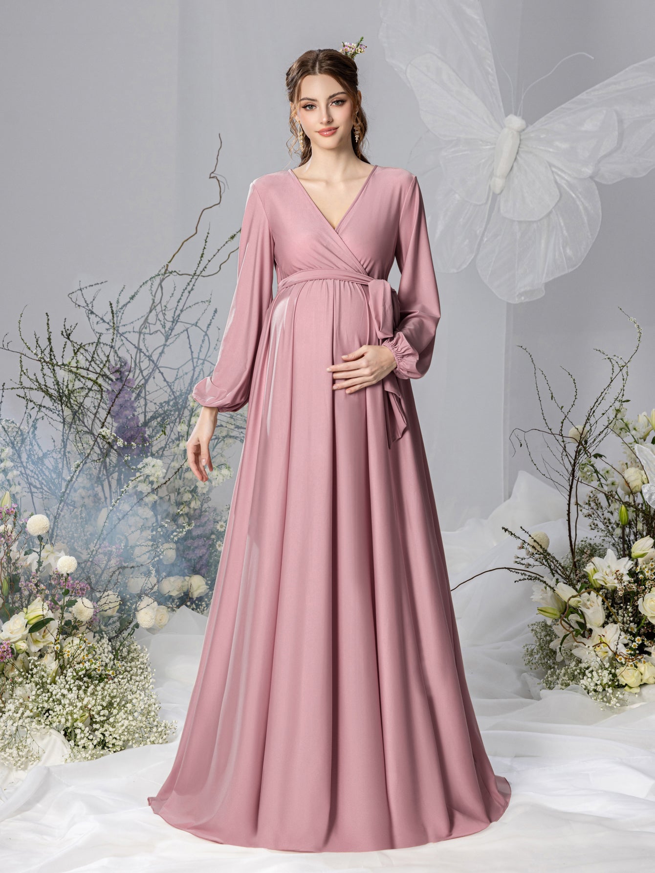 Maternity V-Neck Bow Long-Sleeve A-Line Evening Gown — authorized product image 7